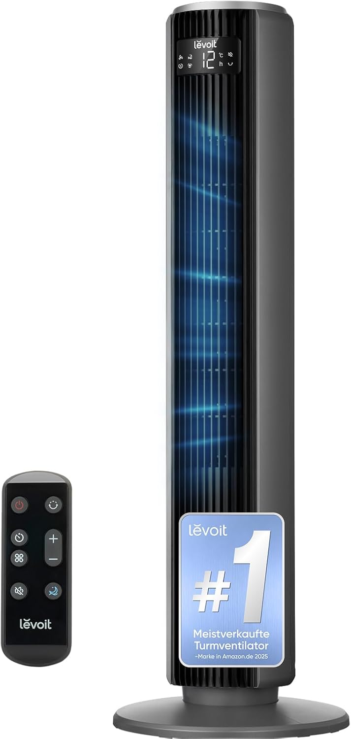 Levoit - DC Motor Turmventilator - 20dB sehr leiser Ventilator - 4 Modi/12 Stufen/12 Std Timer - Fernbedienung & Kühlung - Tower Fan mit 7,9m/s Geschwindigkeit - 24W Standventilator - Grau, 92 cm