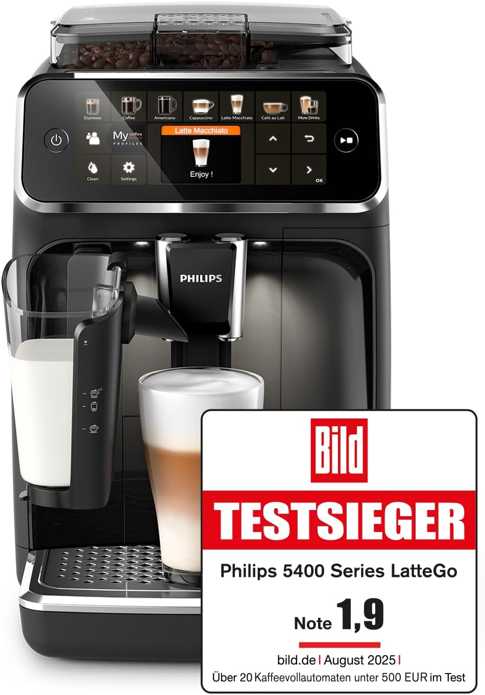 Philips EP5441/50 5400 Series LatteGo Kaffeevollautomat – 12 Getränke, Keramikmahlwerk, Matt Schwarz