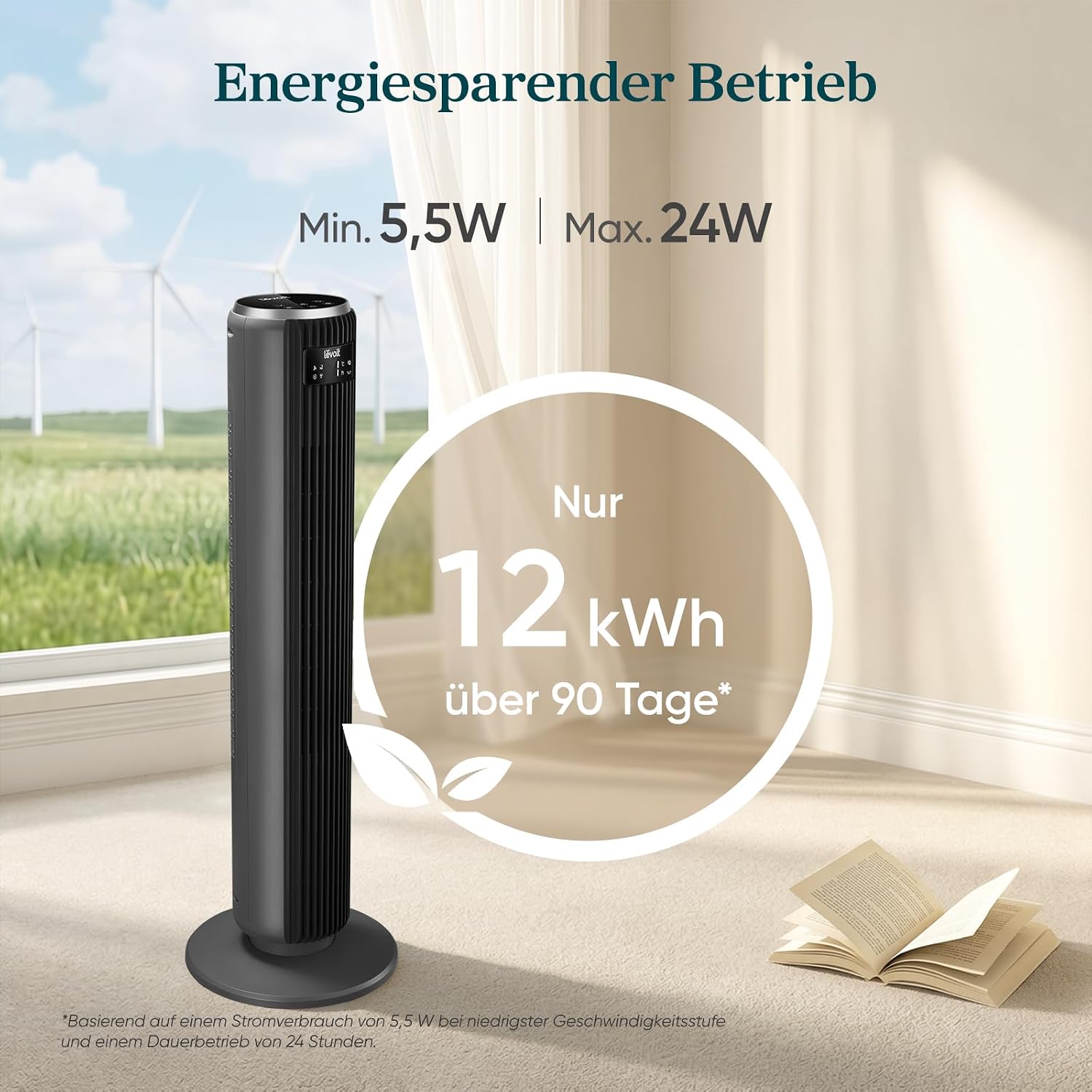 Levoit - DC Motor Turmventilator - 20dB sehr leiser Ventilator - 4 Modi/12 Stufen/12 Std Timer - Fernbedienung & Kühlung - Tower Fan mit 7,9m/s Geschwindigkeit - 24W Standventilator - Grau, 92 cm