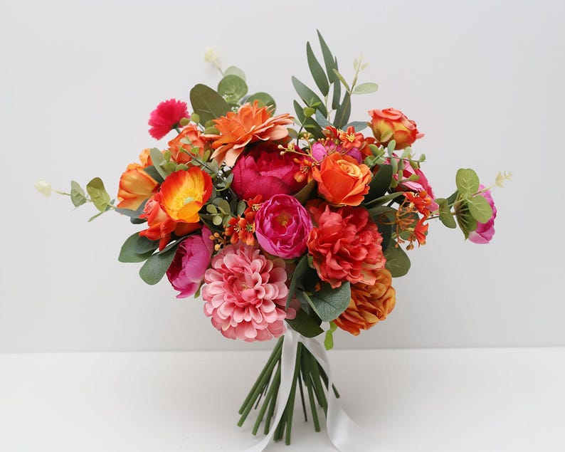 A&F Bright Faux Bridal Bouquet, Colourful Bridal Bouquet, Bold Fuchsias Wildflower Wedding Bouquet,  Bridesmaid Bouquet, Hot Pink Orange-