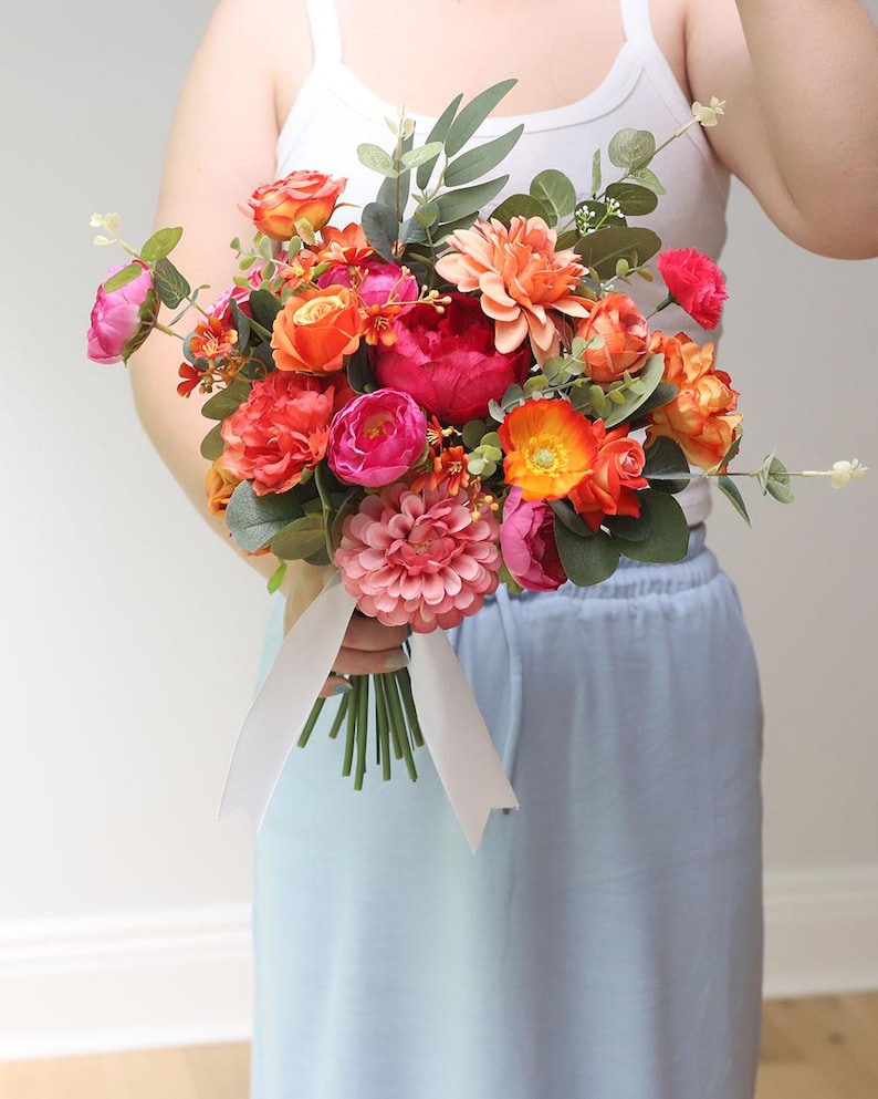 A&F Bright Faux Bridal Bouquet, Colourful Bridal Bouquet, Bold Fuchsias Wildflower Wedding Bouquet,  Bridesmaid Bouquet, Hot Pink Orange-