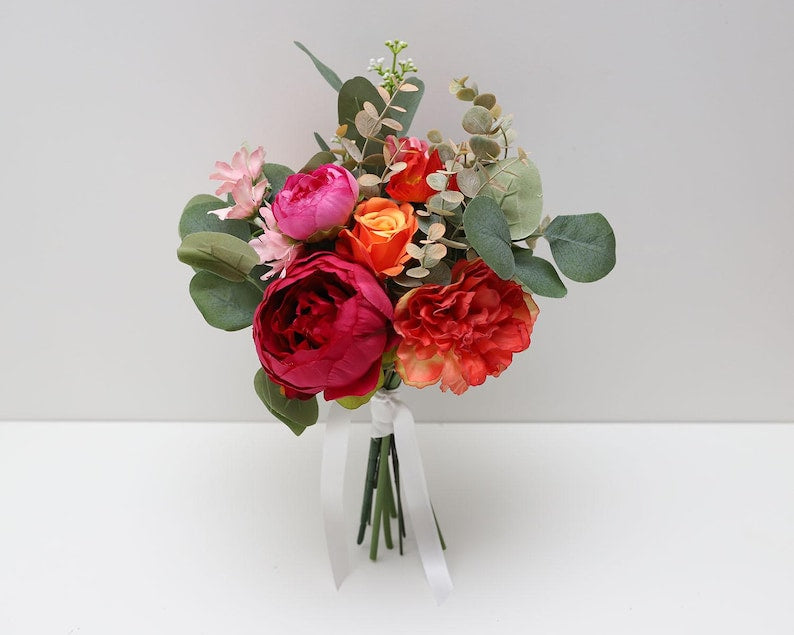 A&F Bright Faux Bridal Bouquet, Colourful Bridal Bouquet, Bold Fuchsias Wildflower Wedding Bouquet,  Bridesmaid Bouquet, Hot Pink Orange-
