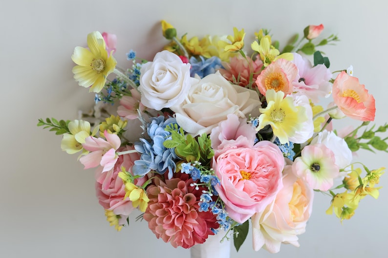 Handmade Colorful Faux Wildflower Bridal Bouquet: Spring Summer Wedding in Light Yellow, Pink, Blue, Dahlia, Rose, Poppy, Ranunculus, Daisy
