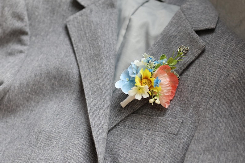 Handmade Colorful Faux Wildflower Bridal Bouquet: Spring Summer Wedding in Light Yellow, Pink, Blue, Dahlia, Rose, Poppy, Ranunculus, Daisy