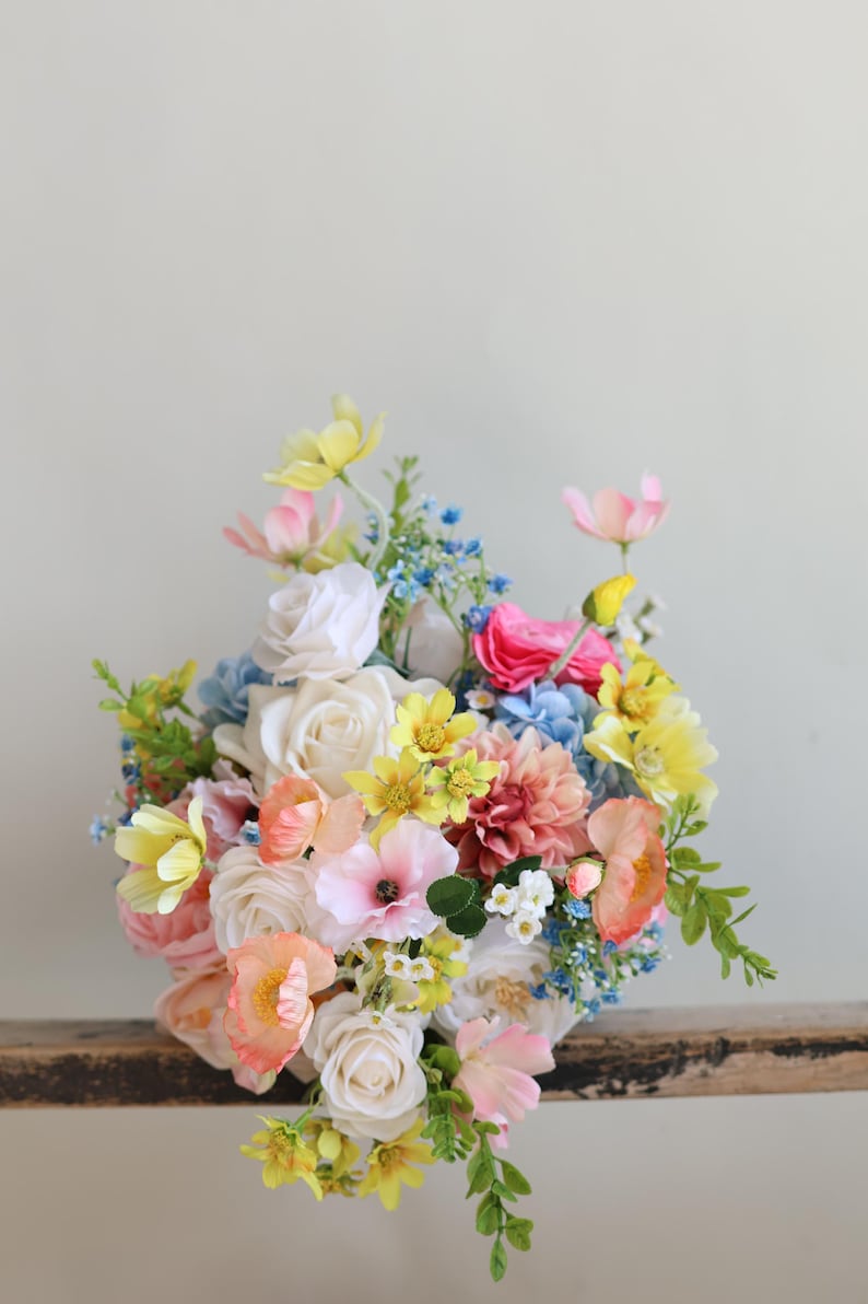 Handmade Colorful Faux Wildflower Bridal Bouquet: Spring Summer Wedding in Light Yellow, Pink, Blue, Dahlia, Rose, Poppy, Ranunculus, Daisy
