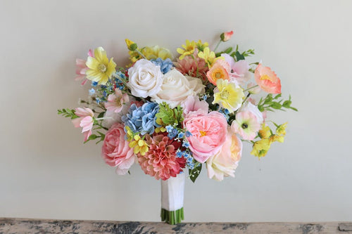 Handmade Colorful Faux Wildflower Bridal Bouquet: Spring Summer Wedding in Light Yellow, Pink, Blue, Dahlia, Rose, Poppy, Ranunculus, Daisy