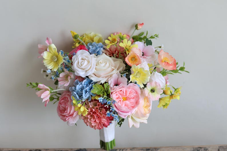 Handmade Colorful Faux Wildflower Bridal Bouquet: Spring Summer Wedding in Light Yellow, Pink, Blue, Dahlia, Rose, Poppy, Ranunculus, Daisy
