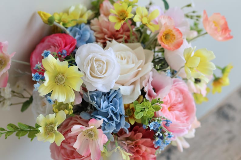 Handmade Colorful Faux Wildflower Bridal Bouquet: Spring Summer Wedding in Light Yellow, Pink, Blue, Dahlia, Rose, Poppy, Ranunculus, Daisy