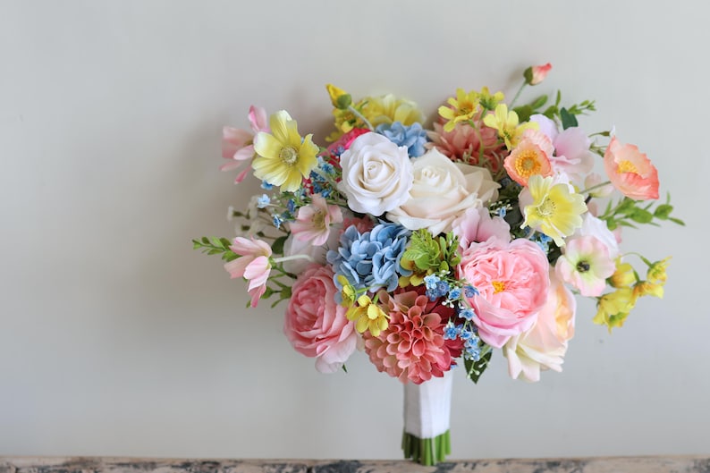 Handmade Colorful Faux Wildflower Bridal Bouquet: Spring Summer Wedding in Light Yellow, Pink, Blue, Dahlia, Rose, Poppy, Ranunculus, Daisy