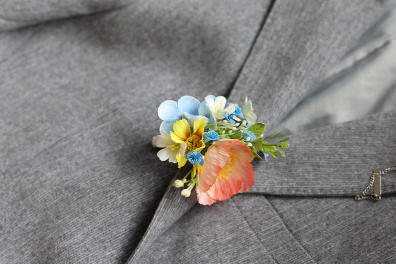 Handmade Colorful Faux Wildflower Bridal Bouquet: Spring Summer Wedding in Light Yellow, Pink, Blue, Dahlia, Rose, Poppy, Ranunculus, Daisy