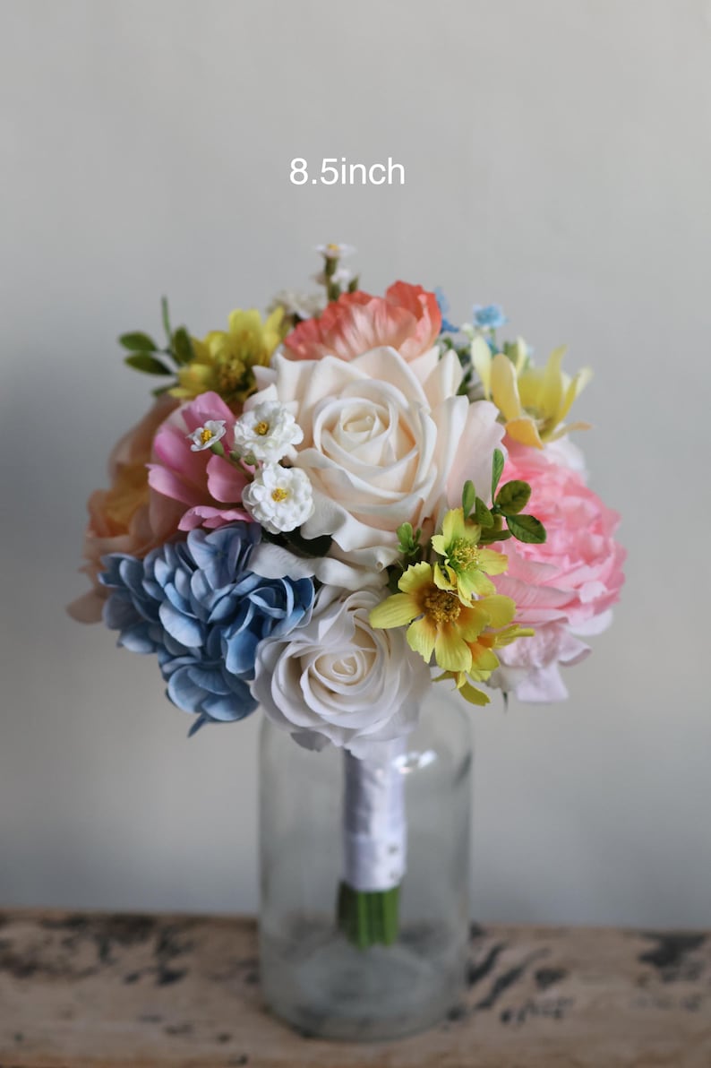 Handmade Colorful Faux Wildflower Bridal Bouquet: Spring Summer Wedding in Light Yellow, Pink, Blue, Dahlia, Rose, Poppy, Ranunculus, Daisy