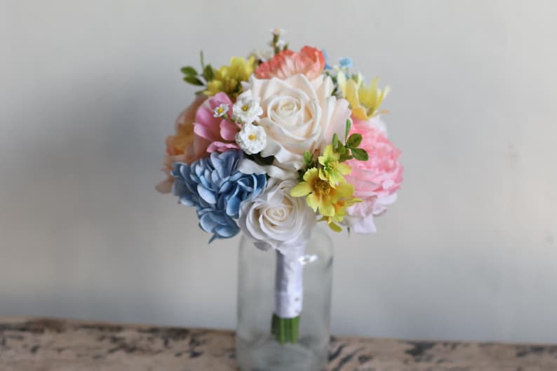 Handmade Colorful Faux Wildflower Bridal Bouquet: Spring Summer Wedding in Light Yellow, Pink, Blue, Dahlia, Rose, Poppy, Ranunculus, Daisy