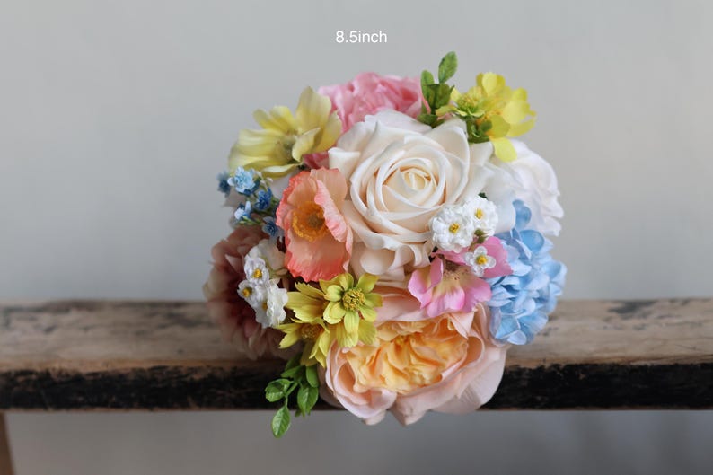 Handmade Colorful Faux Wildflower Bridal Bouquet: Spring Summer Wedding in Light Yellow, Pink, Blue, Dahlia, Rose, Poppy, Ranunculus, Daisy