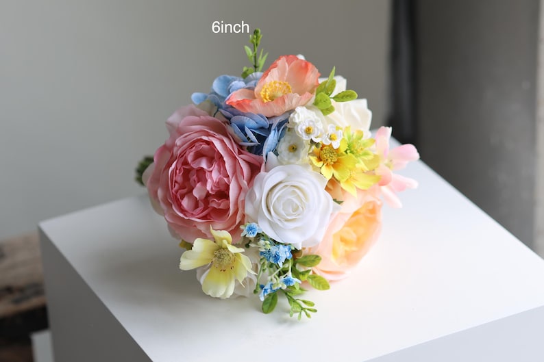 Handmade Colorful Faux Wildflower Bridal Bouquet: Spring Summer Wedding in Light Yellow, Pink, Blue, Dahlia, Rose, Poppy, Ranunculus, Daisy