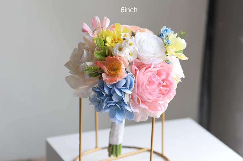 Handmade Colorful Faux Wildflower Bridal Bouquet: Spring Summer Wedding in Light Yellow, Pink, Blue, Dahlia, Rose, Poppy, Ranunculus, Daisy