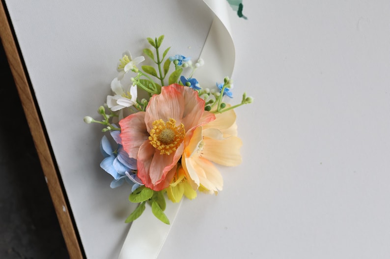 Handmade Colorful Faux Wildflower Bridal Bouquet: Spring Summer Wedding in Light Yellow, Pink, Blue, Dahlia, Rose, Poppy, Ranunculus, Daisy