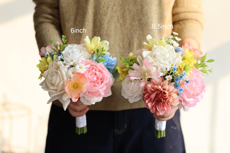 Handmade Colorful Faux Wildflower Bridal Bouquet: Spring Summer Wedding in Light Yellow, Pink, Blue, Dahlia, Rose, Poppy, Ranunculus, Daisy