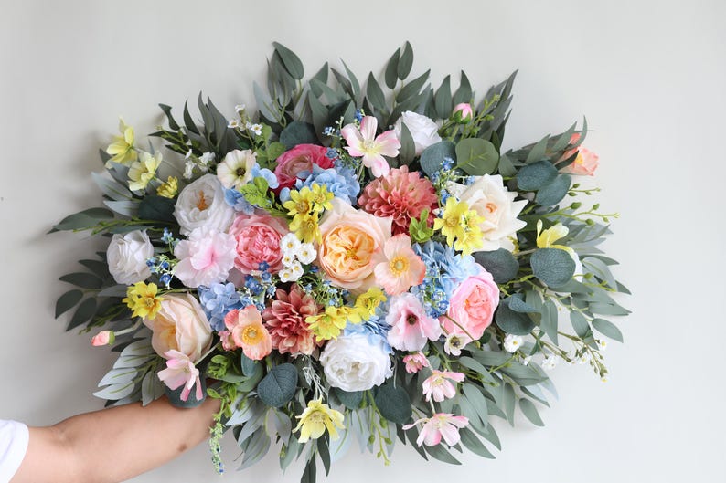Handmade Colorful Faux Wildflower Bridal Bouquet: Spring Summer Wedding in Light Yellow, Pink, Blue, Dahlia, Rose, Poppy, Ranunculus, Daisy