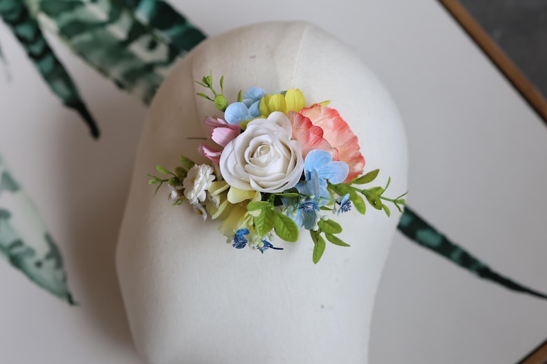 Handmade Colorful Faux Wildflower Bridal Bouquet: Spring Summer Wedding in Light Yellow, Pink, Blue, Dahlia, Rose, Poppy, Ranunculus, Daisy
